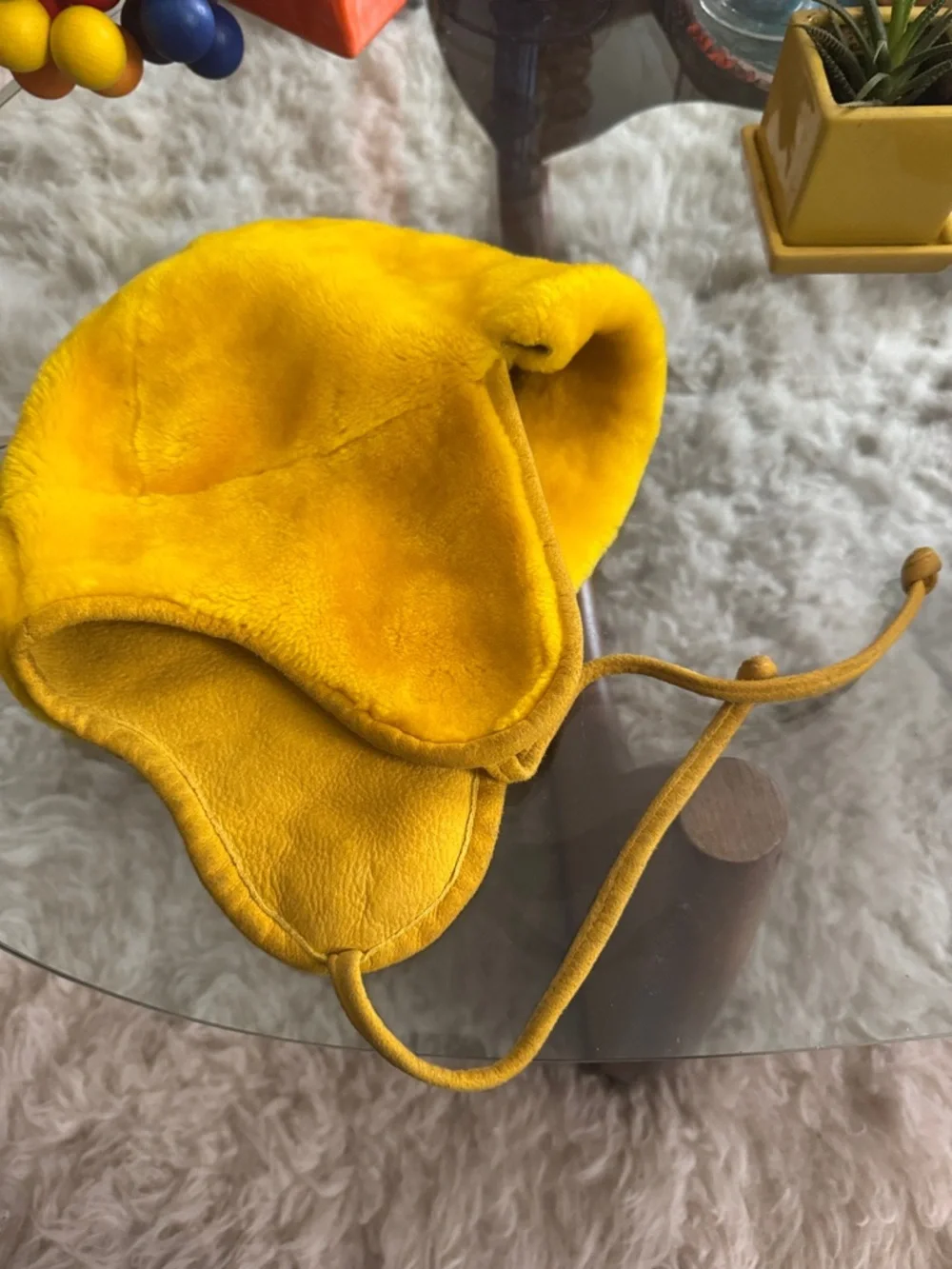 J.Crew Genuine Suede Shearling Trapper Aviator Hat Yellow Fur Lined Vinatge
